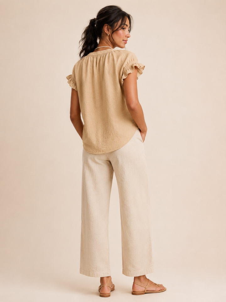 Beige Relaxed Fit Ruffle Sleeve Top for women, ideal for comfortable everyday wear.