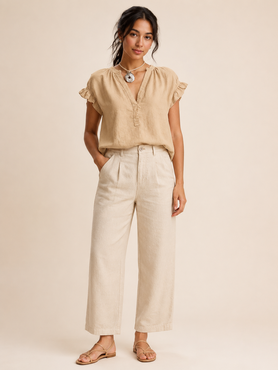 Casual pink ruffle sleeve top, a versatile V-neck blouse for women's everyday fashion.