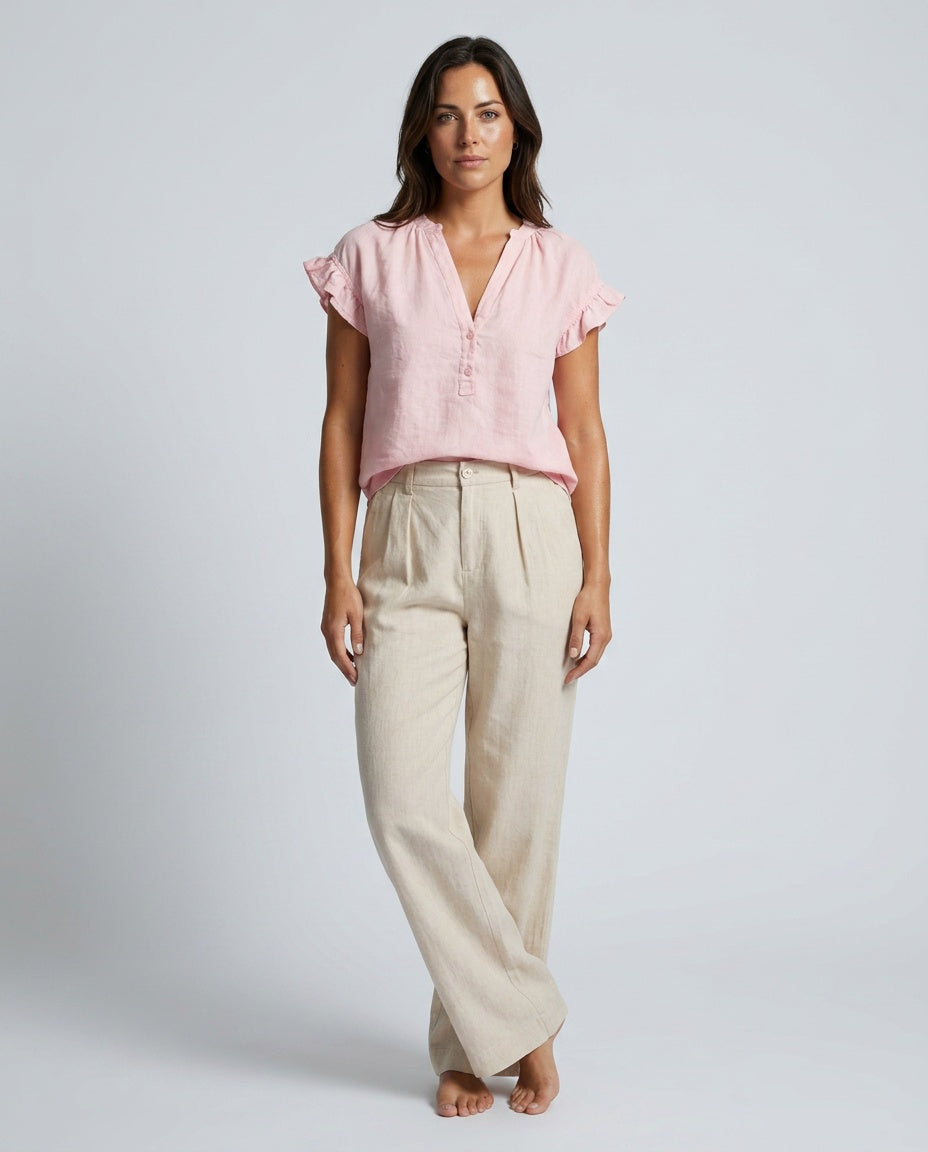 Pink summer fashion V-neck blouse, a women's top with charming ruffle sleeves.
