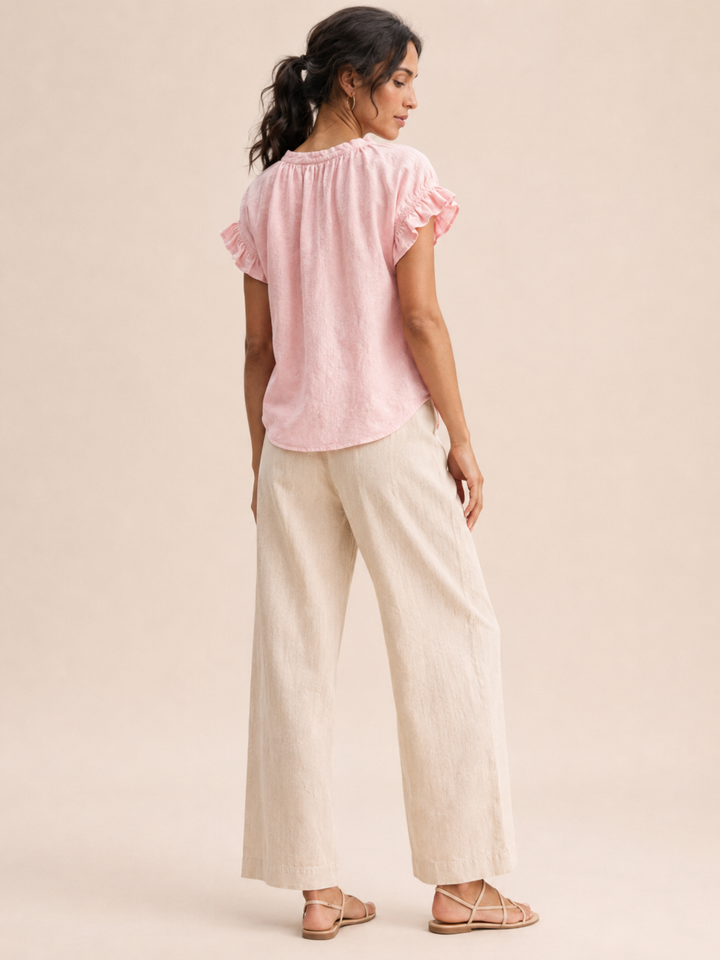 Beige casual women's blouse, a relaxed fit V-neck top with comfortable ruffle sleeves.