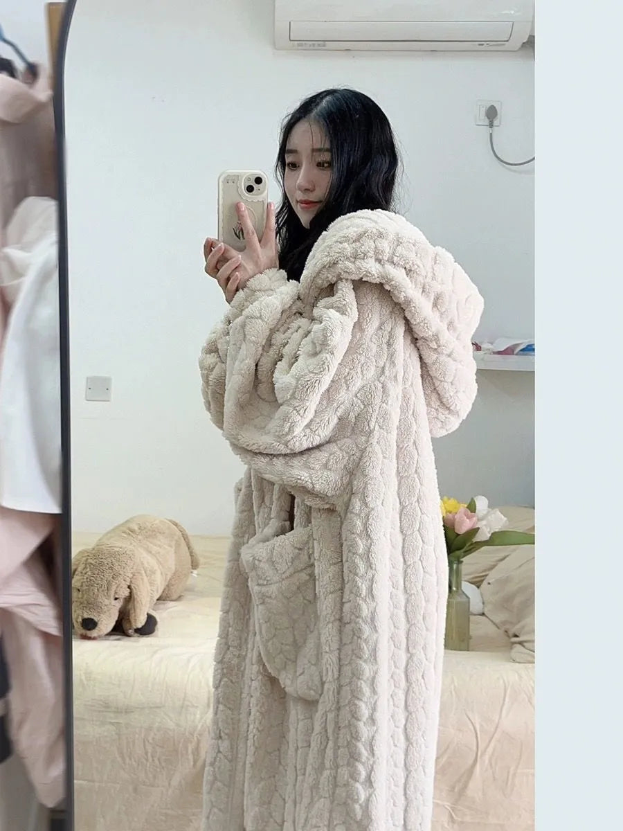 Luxurious Amy Nightfall nightwear robe with a hood, ideal for cozy evenings and staying warm in winter.