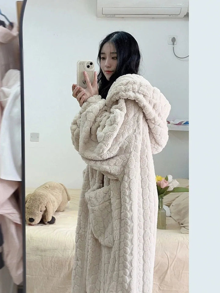 Luxurious Amy Nightfall nightwear robe with a hood, ideal for cozy evenings and staying warm in winter.