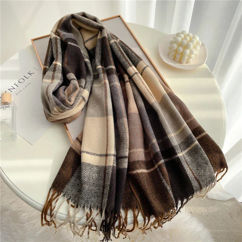 Trendy checkered cashmere-blend scarf, knitted for women, a stylish winter fashion accessory.