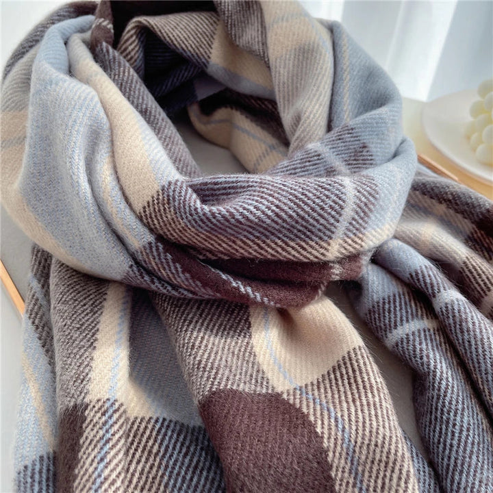 Soft and warm Angela knitted women's scarf, featuring a classic checkered design, perfect for winter.