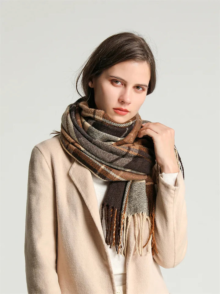Fashion-forward women's knitted scarf with a vibrant checkered pattern, a cozy winter accessory.