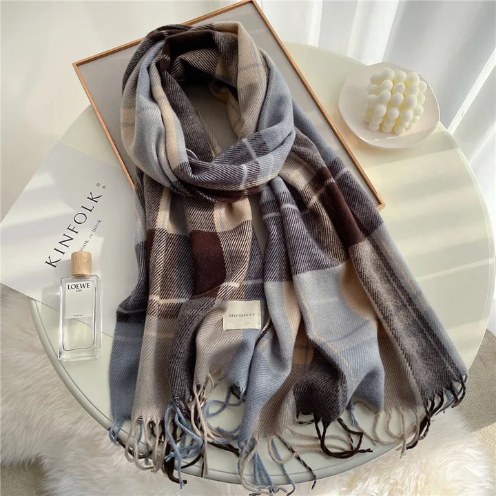 Stylish Angela knitted scarf for women, featuring a trendy checkered pattern, perfect for winter fashion.