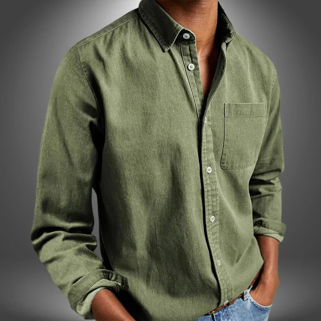 Close-up of a Men's Breathable Regular Fit Shirt. Ideal long sleeve comfort for everyday wear & versatility.