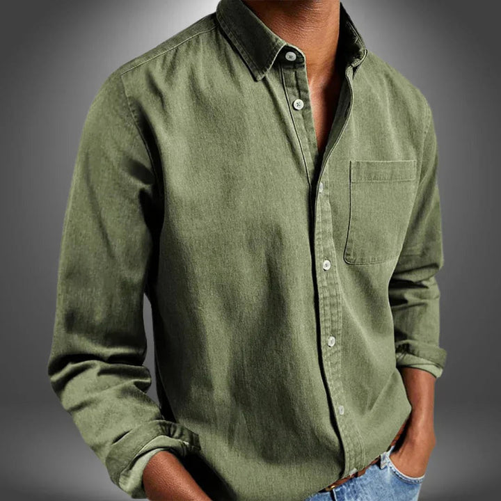 Close-up of a Men's Breathable Regular Fit Shirt. Ideal long sleeve comfort for everyday wear & versatility.