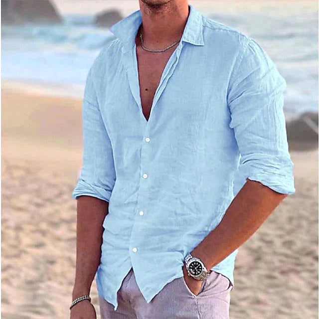Stylish men's button-down top, perfect as a summer shirt or for comfortable travel wear.