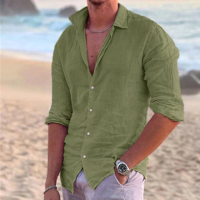 Lightweight men's button-down shirt, perfect for warm weather, spring fashion, and travel.