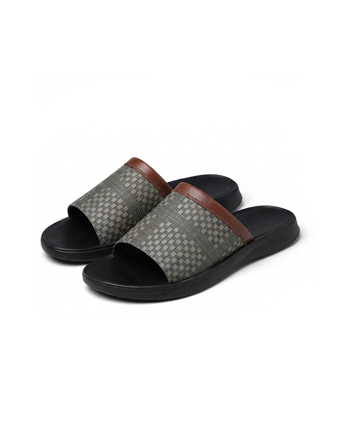 Men's Graceful Woven Slip-On Slides in black. Comfortable casual summer footwear.