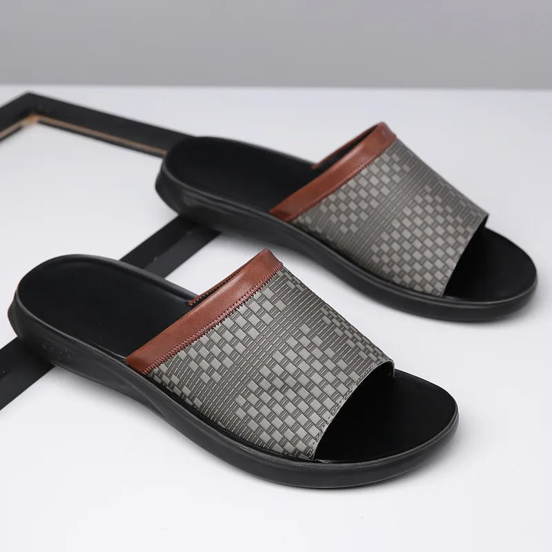 Side view of men's casual black woven slip-on slides, perfect for summer effortless style.