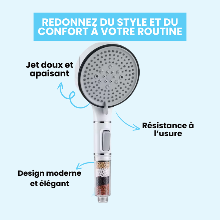 Ergonomic anti-limescale handheld shower head with a built-in water filter, ensuring a clean and powerful stream.
