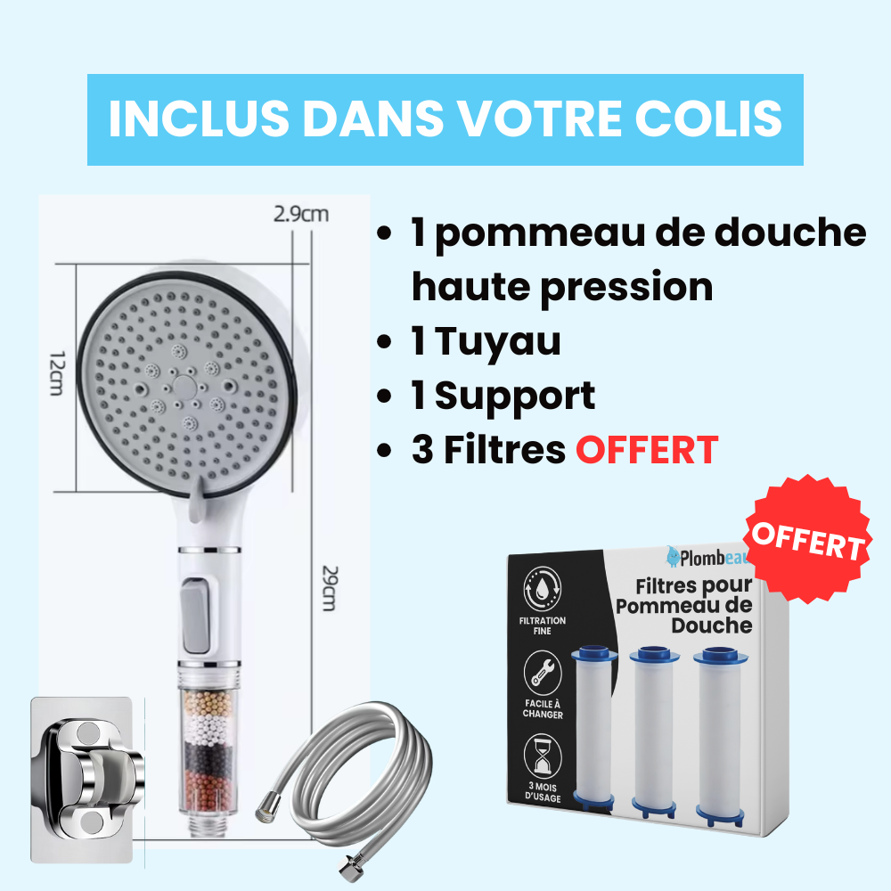 This advanced handheld shower head offers high-pressure performance and anti-limescale mineral stone filtration.