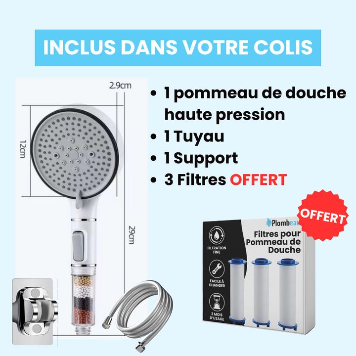 This advanced handheld shower head offers high-pressure performance and anti-limescale mineral stone filtration.