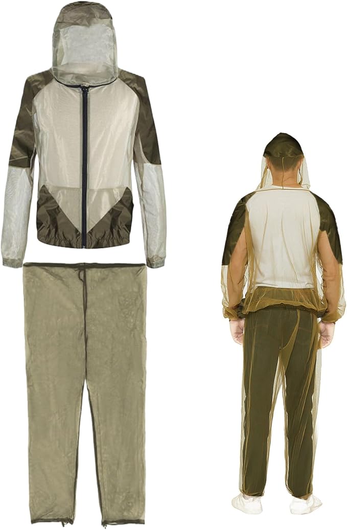 Lightweight unisex hooded suit offering breathable insect protection. Perfect outdoor gear for camping & hiking adventures.