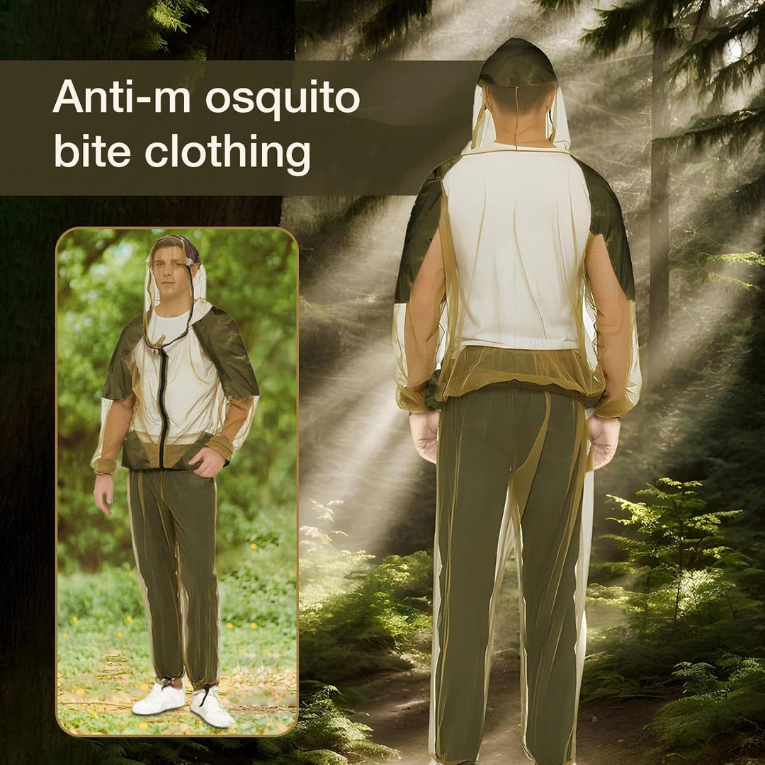 Outdoor anti-mosquito hooded suit providing full coverage pest protection. Essential adventure wear for hiking & camping.