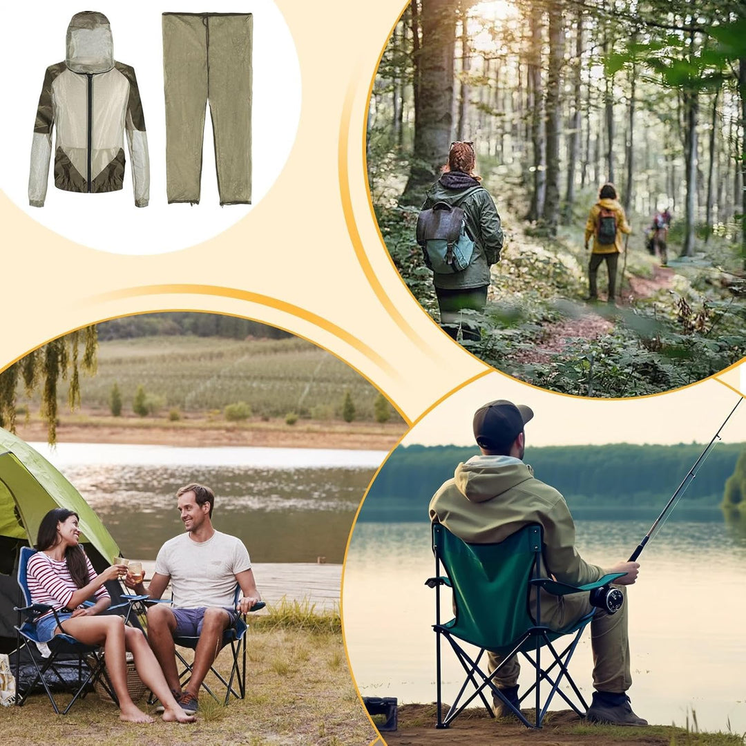 Person wearing a grey unisex anti-mosquito hooded suit outdoors, ready for hiking or camping insect protection.