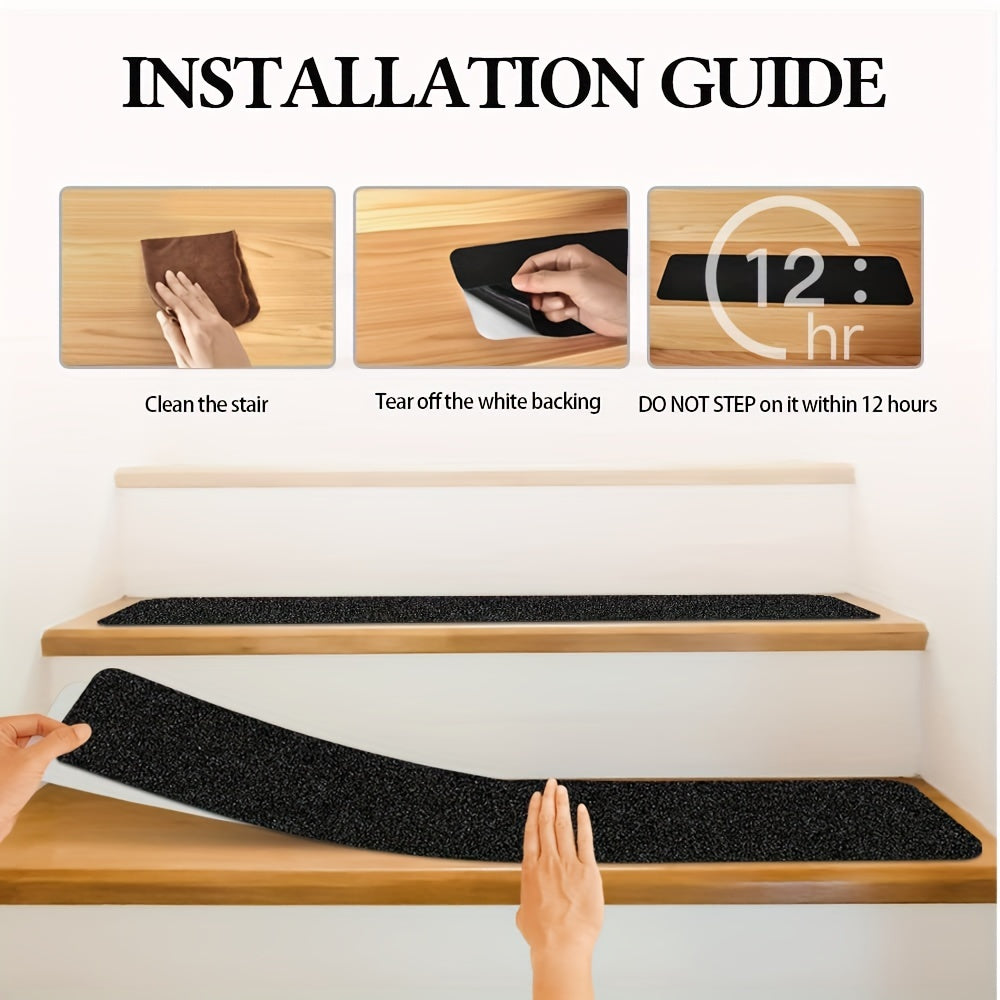 Durable rubber non-slip stair treads. 10-pack provides superior grip for improved stair safety.