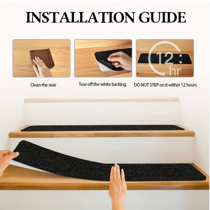 Durable rubber non-slip stair treads. 10-pack provides superior grip for improved stair safety.