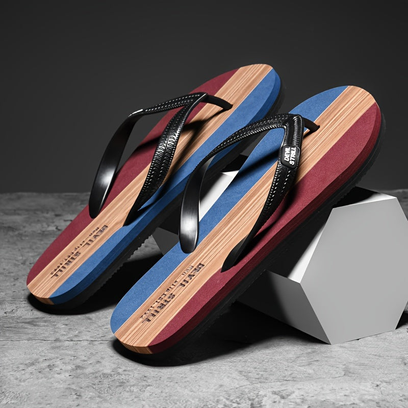 Men wearing comfortable slip-on indoor-outdoor slippers, relaxed casual style, odor-resistant.