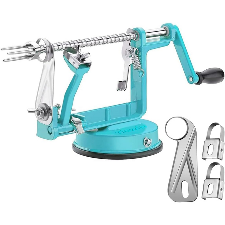 Innovative multi-color apple peeler, fruit slicer, vegetable corer. Kitchen tool with a strong suction cup for food prep.