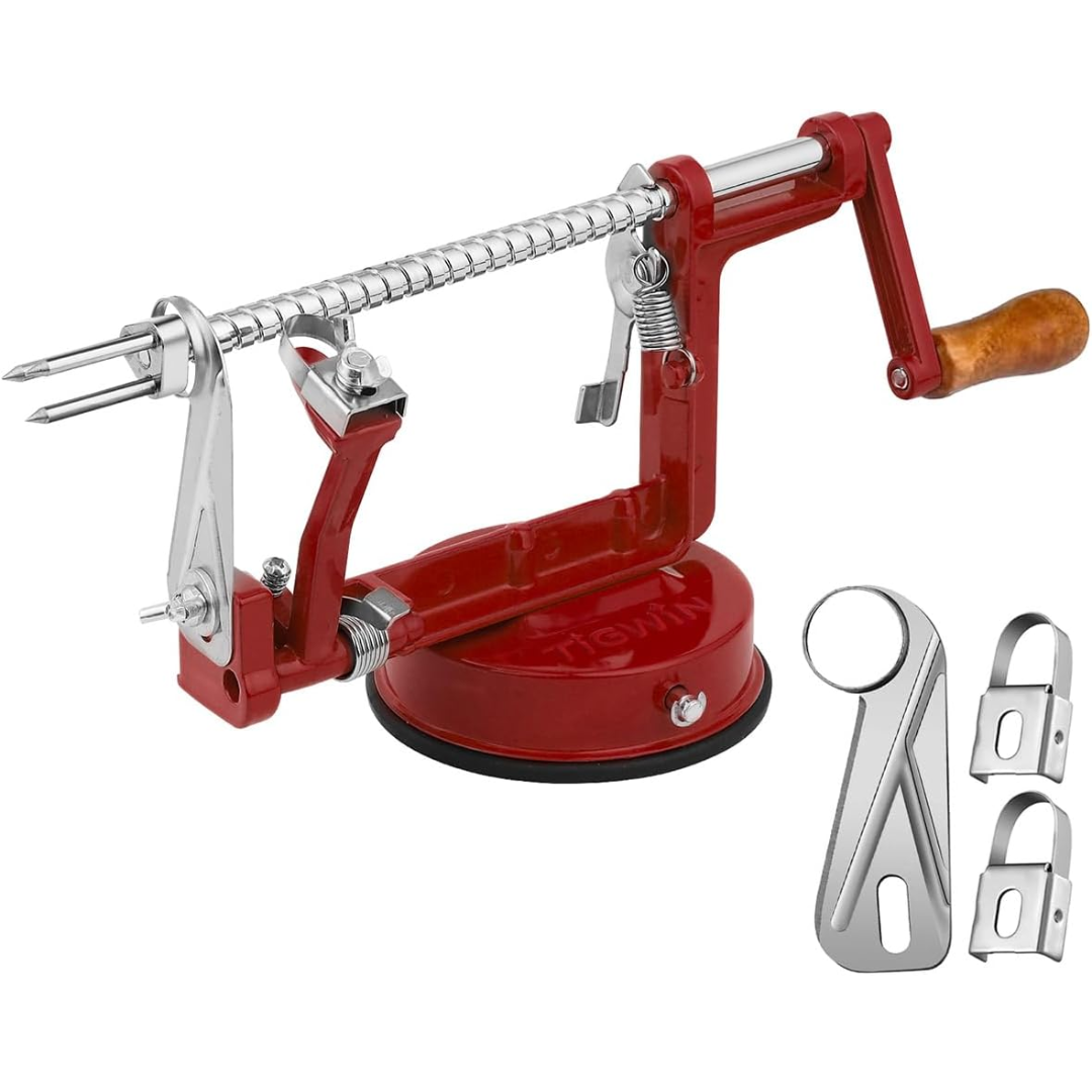 Efficient multi-color apple peeler, slicer, corer with a stable suction base. Perfect for quick fruit prep & home cooking.