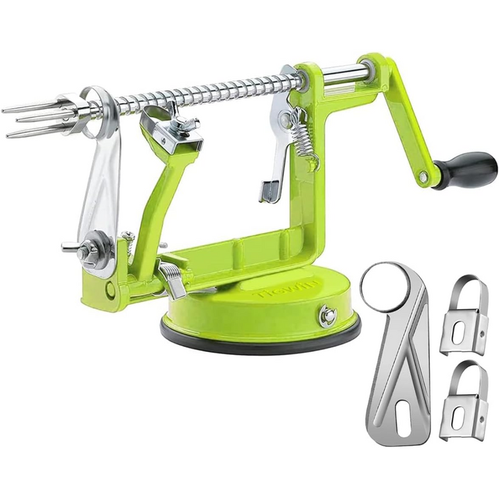 Stainless steel apple peeler, slicer, corer. Multi-color kitchen gadget for quick home cooking food prep with suction base.