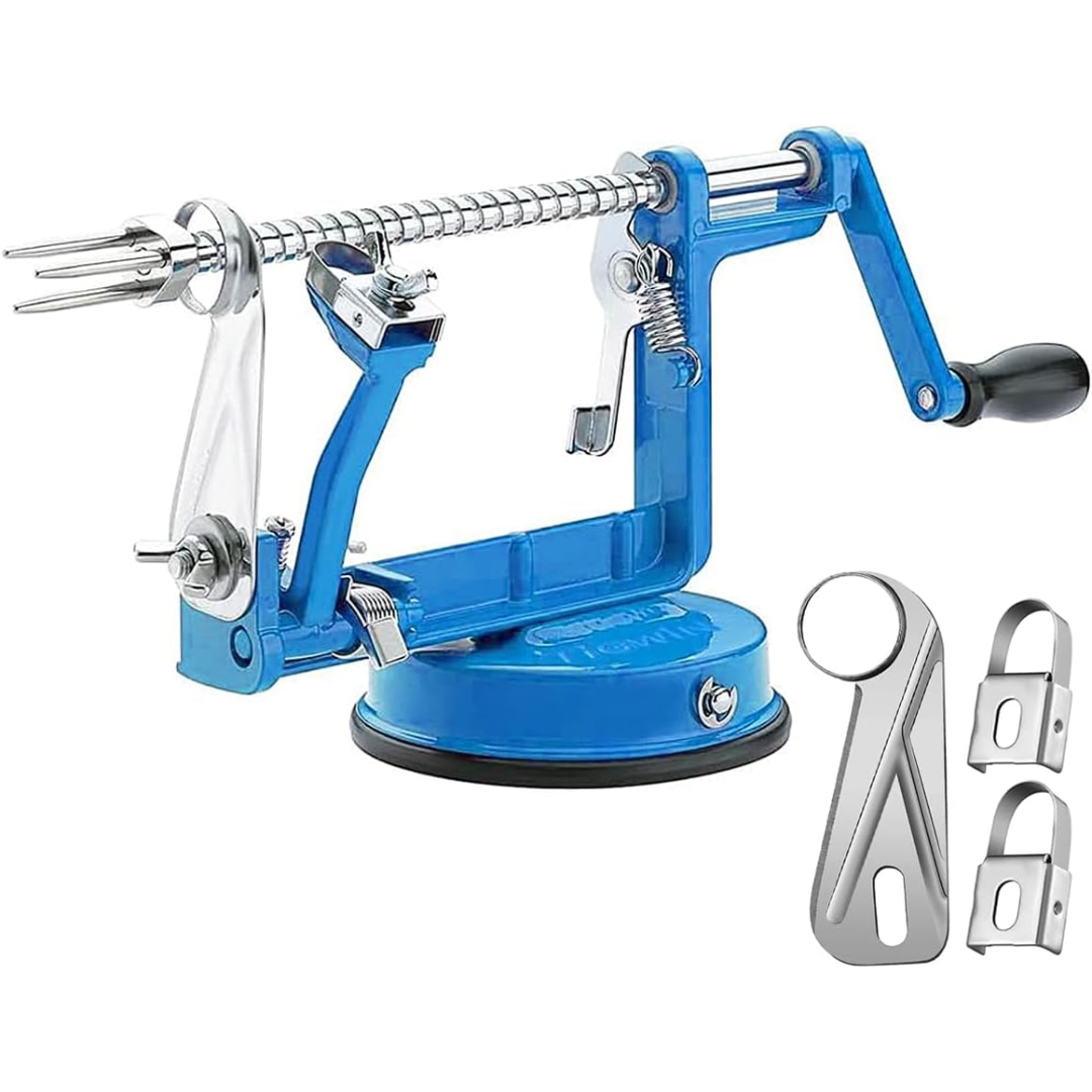 Versatile kitchen tool: Multi-color apple peeler, fruit slicer, and corer with a secure suction cup base for cooking.