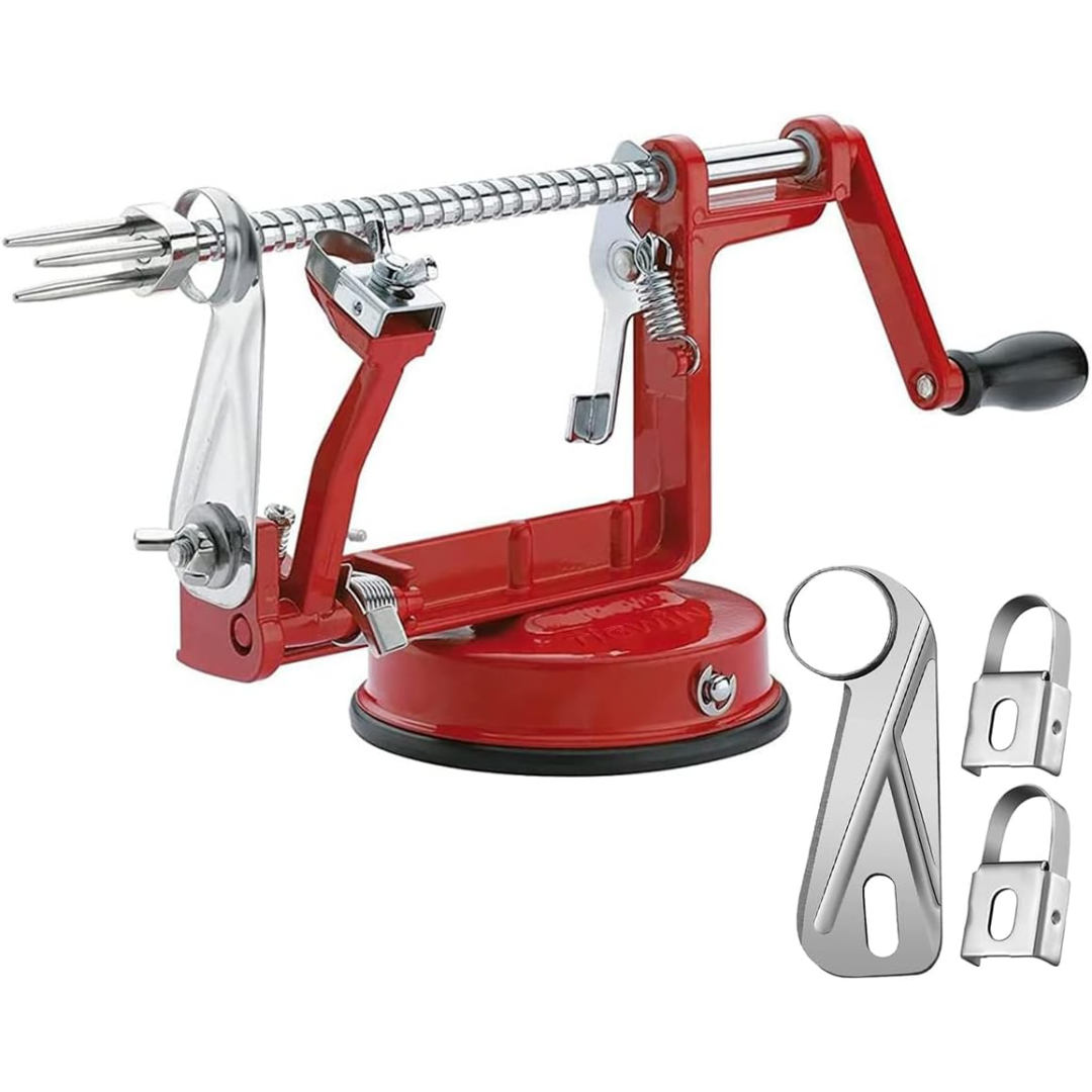 Ergonomic multi-color apple peeler, fruit slicer, and vegetable corer. Suction cup base kitchen tool for quick meals.