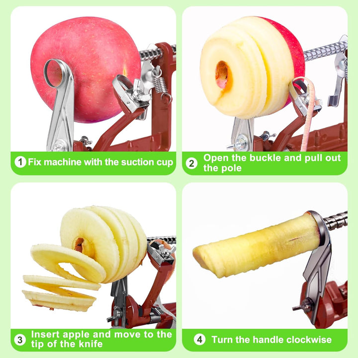 Peel, slice, and core apples effortlessly with this multi-color kitchen tool, featuring a robust suction base.
