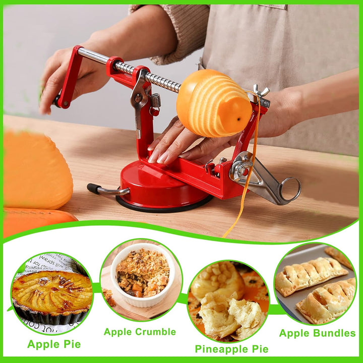 Hands-free multi-color apple peeler, slicer, corer. Kitchen gadget with a powerful suction base for easy peeling & coring.