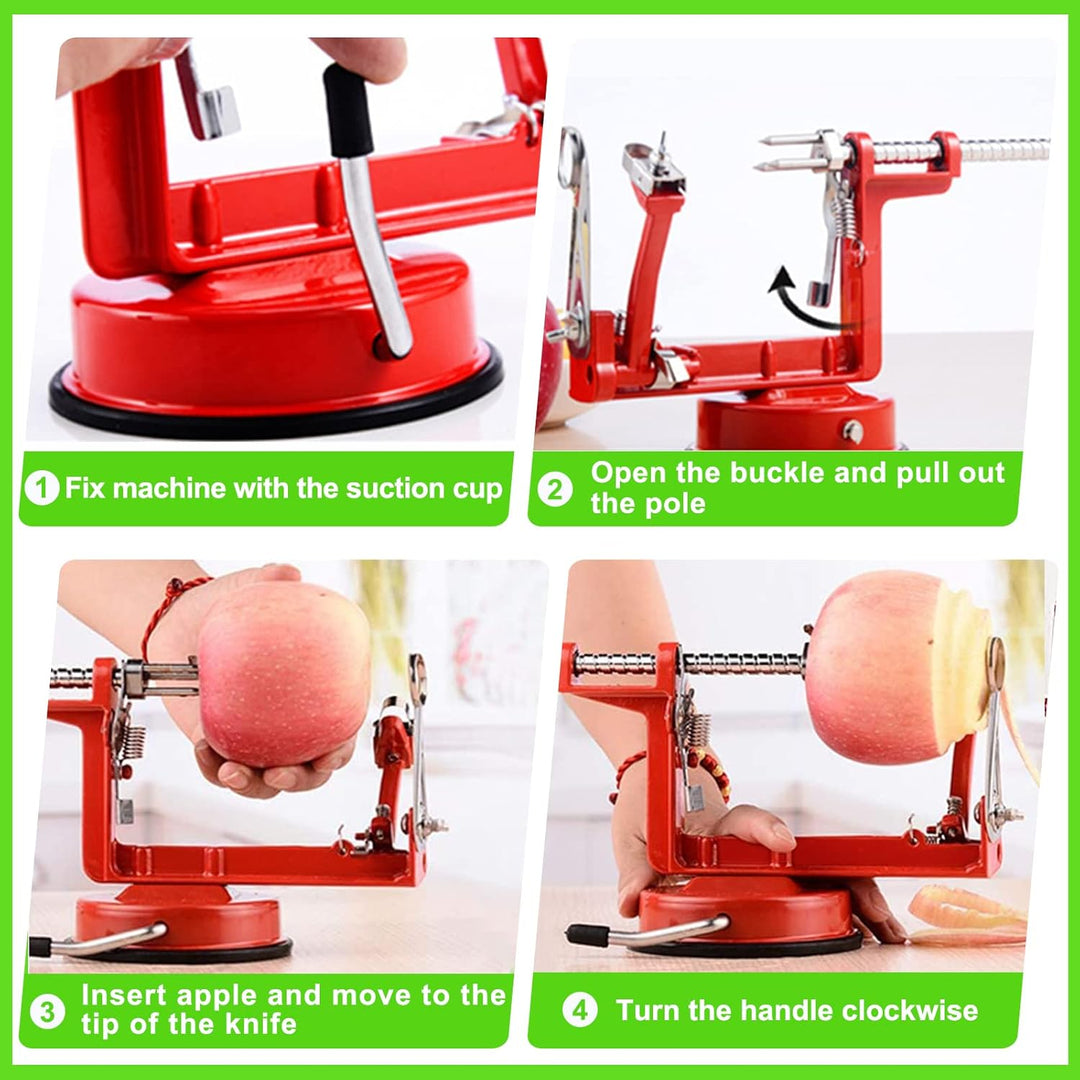 Compact multi-color apple peeler, slicer, corer. Durable stainless steel kitchen tool with a strong suction base.