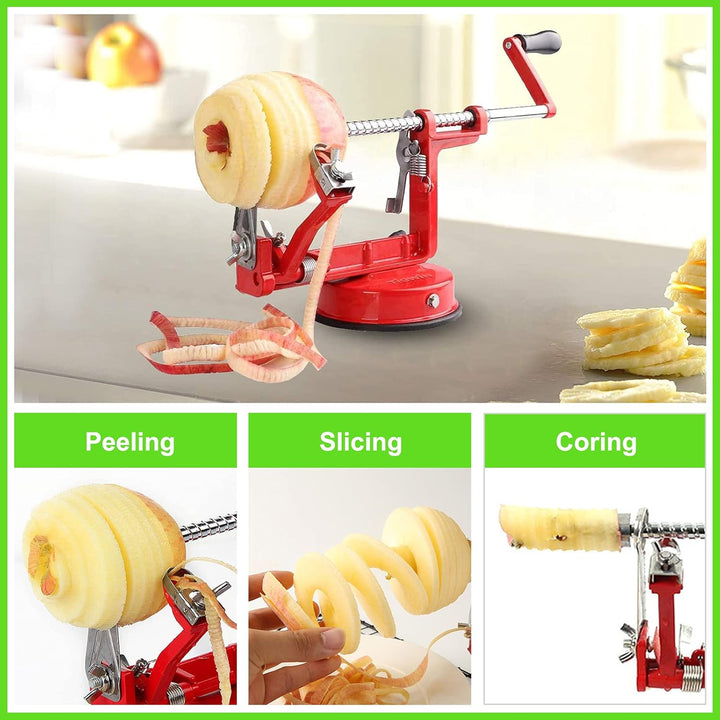 Bright multi-color apple peeler, slicer, corer. Essential kitchen tool with a secure suction base for all your fruit prep.
