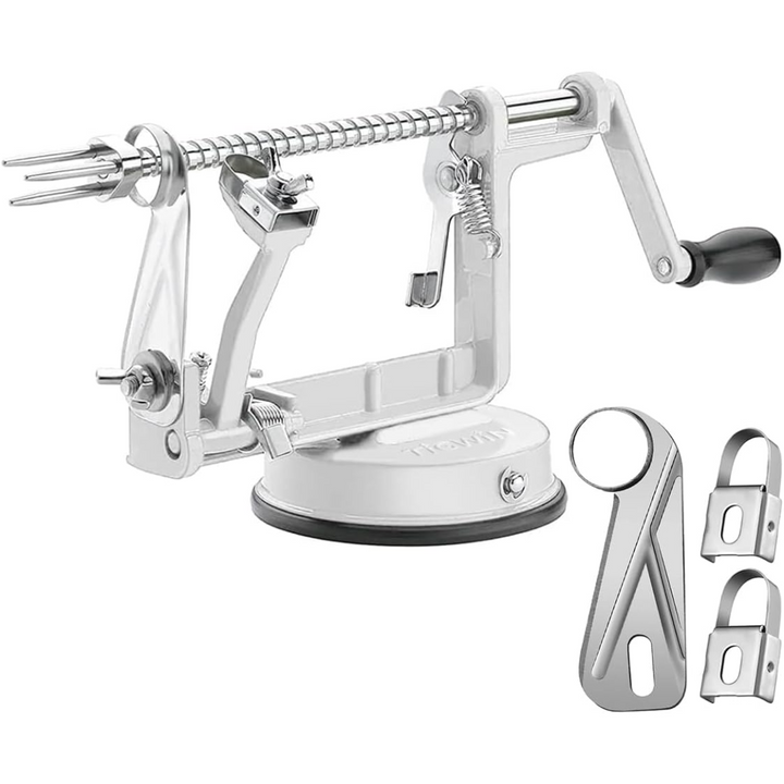 Multi-color Apple Peeler Slicer Corer with strong suction base for easy, efficient fruit and vegetable food prep.