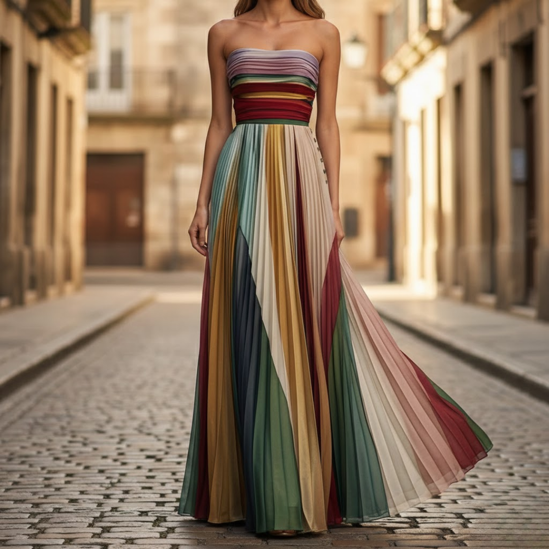 Women's elegant strapless pleated maxi dress in a flowing, multicolour design for special occasions.