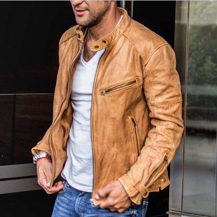 Men's black leather zip-front jacket with snap collar. Stylish & versatile outerwear for casual or smart casual looks.