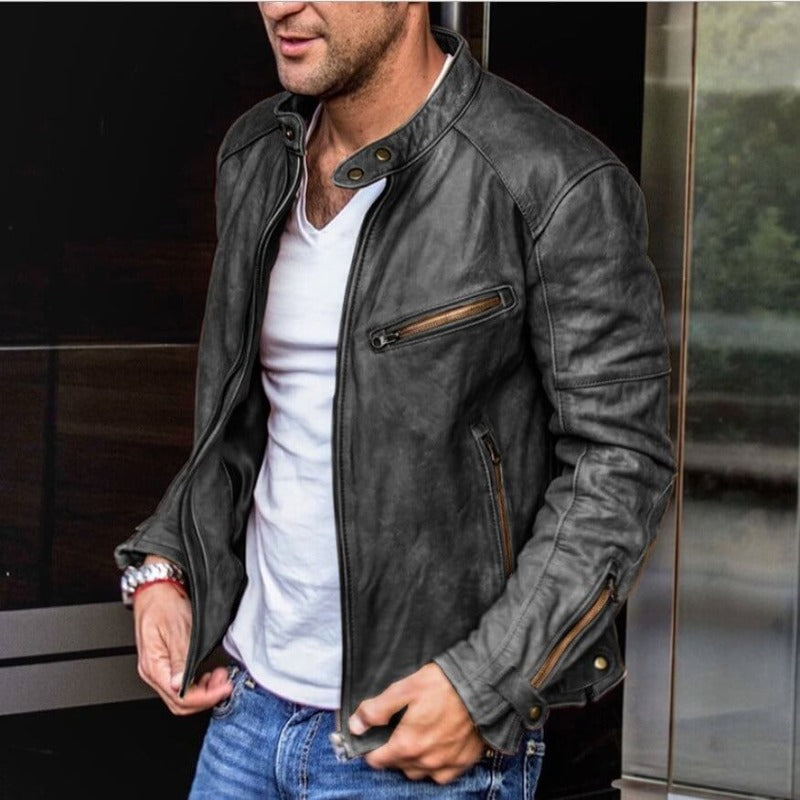 Graceful men's leather jacket, zip-front with snap collar. Perfect for street style or smart casual fashion.