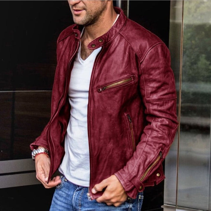 Fashionable men's leather jacket with a zip-front closure & snap collar. Elevate your street style with this versatile piece.
