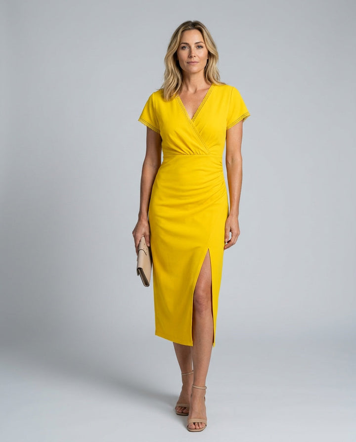 Women's elegant party wrap midi dress, comfortable yet chic with a flattering front slit.