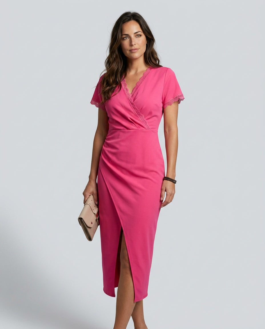 Modern women's wrap midi dress, sophisticated design with an elegant front slit, perfect for office & parties.