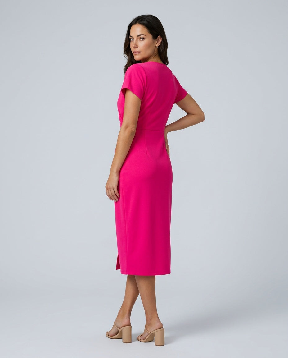 Women's flattering wrap midi dress, perfect blend of cosiness and elegance, featuring a stylish front slit.
