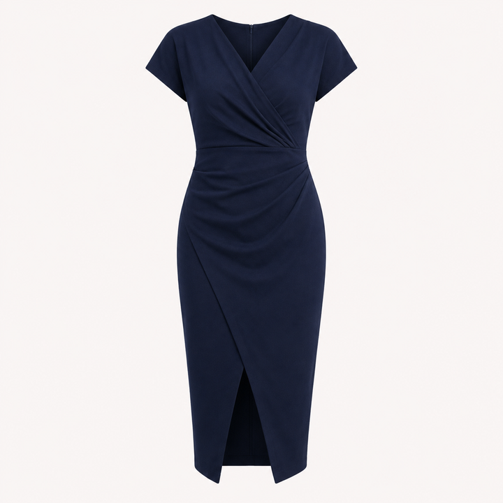 Versatile women's elegant wrap midi dress, flattering fit with a stylish front slit for day-to-night fashion.