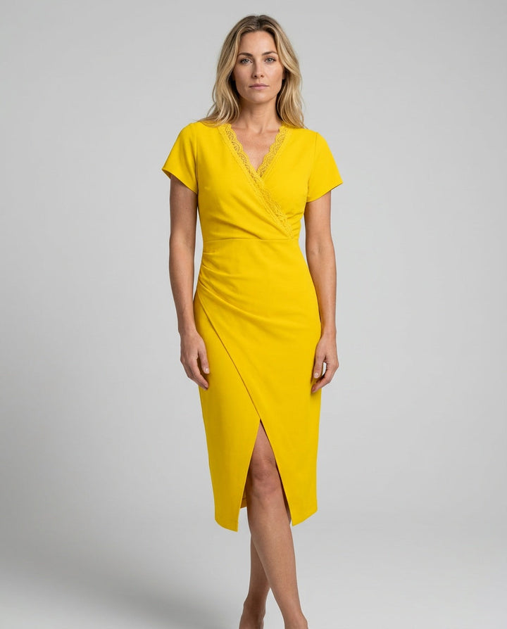 Cosy women's wrap midi dress, combining elegance with a flattering silhouette and stylish front slit detail.