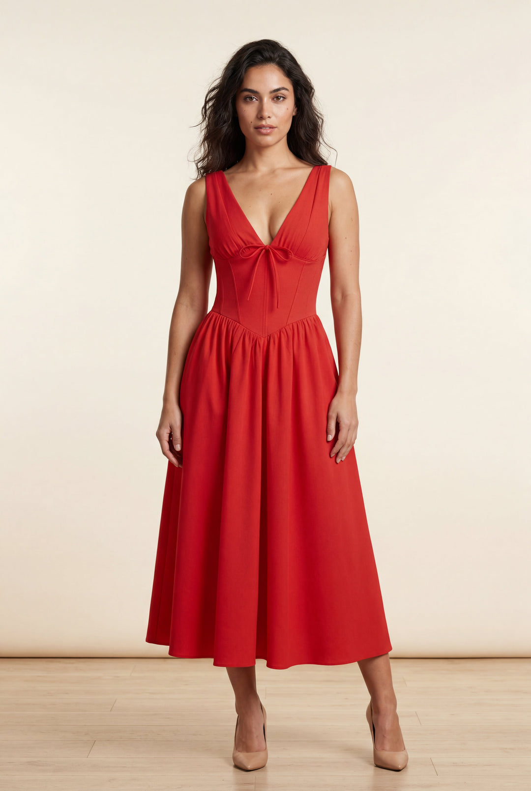 Luxurious women's midi dress, perfect for races. Features a detailed corset bodice & elegant flowing skirt.