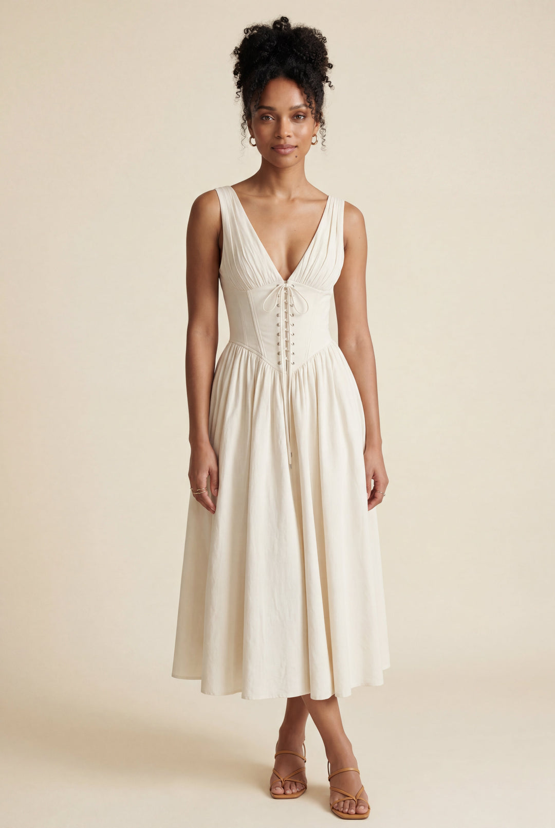 Sleeveless corset bodice midi dress with V-neck & flowing skirt, perfect for races or semi-formal events.