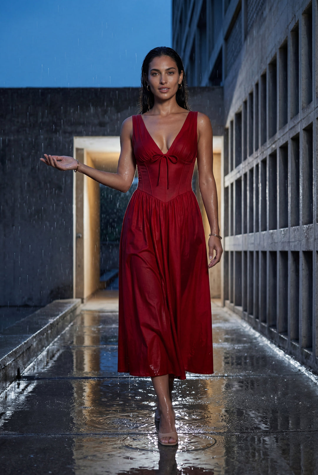 Women's elegant corset bodice midi dress with V-neck & flowing skirt, perfect for races, parties & guests.