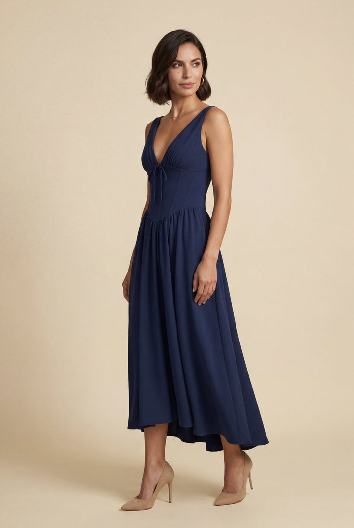 Graceful races style midi dress with corset bodice, ideal for special occasions, parties & wedding guests.