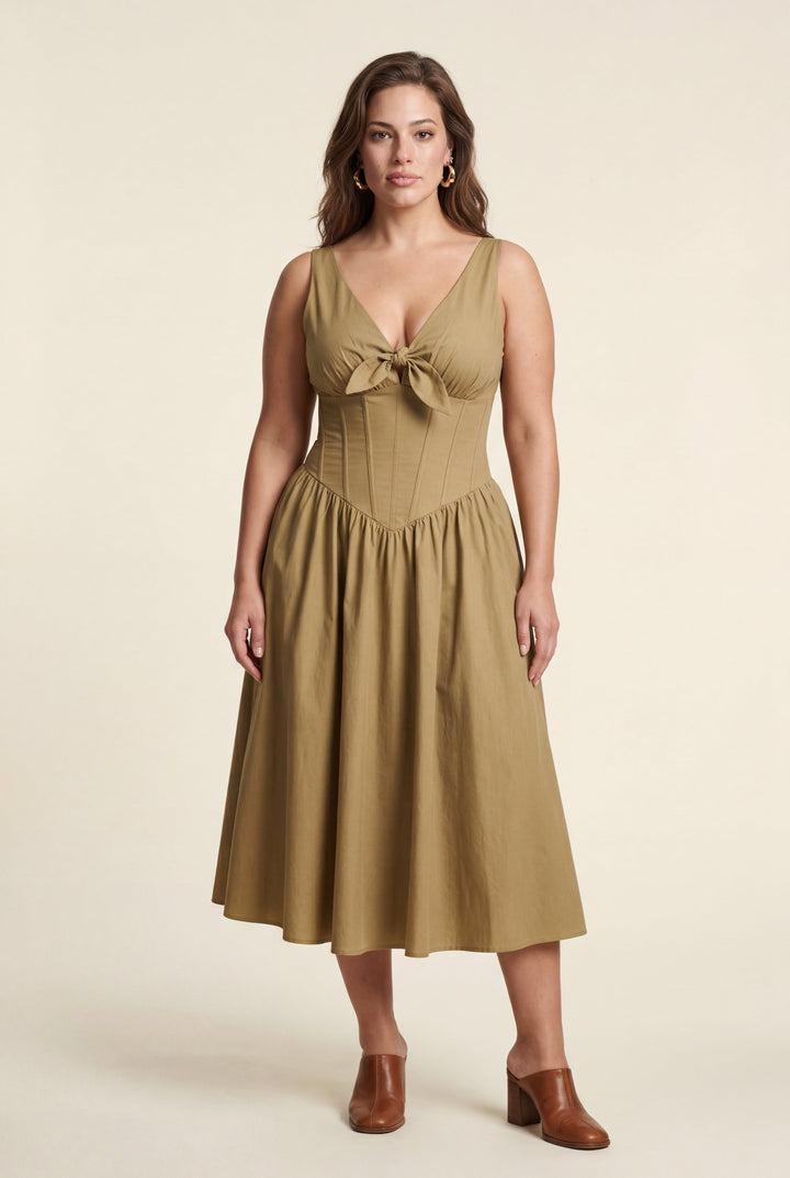 Figure-flattering corset bodice midi dress for women, graceful races style. Perfect for special events.