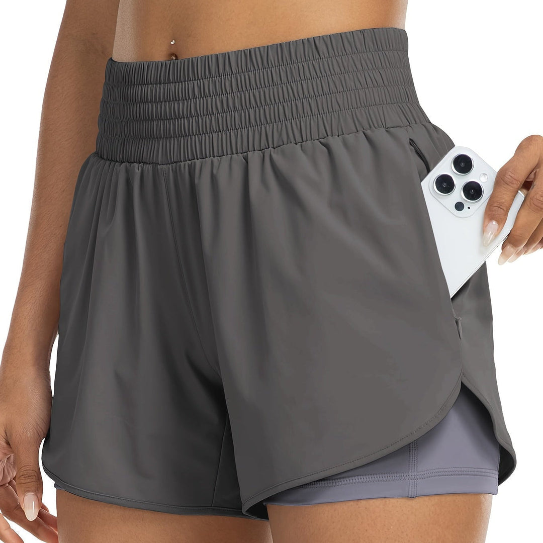 Stylish women's activewear bike shorts, high-waisted with a practical phone pocket.